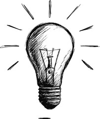 Poster - Sketch drawing of a light bulb with shining rays emphasizing creativity. Vector illustration.