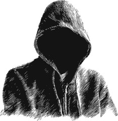 Poster - Faceless person in a hoodie drawn in black and white sketch style. Vector illustration.