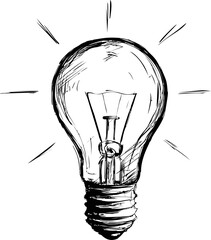 Poster - Black and white sketch of a light bulb with radiant light lines, creative concept. Vector illustration.