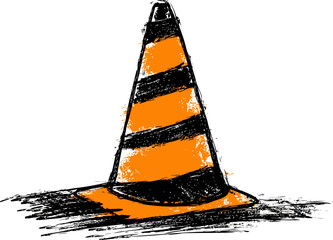 Poster - Stylized orange traffic cone with black stripes in sketch style illustration. Vector illustration.