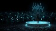 © Sirilak - Podium stage motivation. A person stands on a glowing digital platform, surrounded by virtual data and futuristic lights in a high-tech environment.
