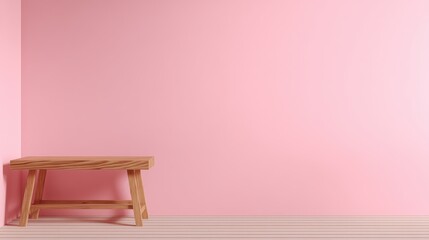 Wall Mural - minimalist interior design with wooden bench and pink wall decor