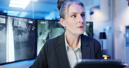 Poster - Security, tablet and woman in control room for surveillance, investigation and protection service. Law enforcement, computer and mature person with monitor for safety, inspection and observation