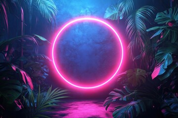 Wall Mural - glowing neon circle tropical foliage jungle.