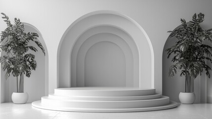 Fototapete - A sleek minimal podium is showcased, with multiple arches creating a contemporary backdrop. Lush green plants in white pots add a touch of nature, enhancing the modern design