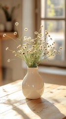 Fototapete - A simple vase filled with small white flowers rests on a light wood tabletop, bathed in warm sunlight. The bright, uncluttered space creates a peaceful ambiance