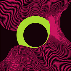 Fototapete - Abstract vector illustration features a neon green sphere surrounded by dynamic, flowing magenta lines on a black background, creating a sense of motion and energy.