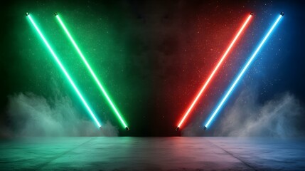 Wall Mural - two pairs of neon lights, one green and one blue, cross each other diagonally over a smoky, dark bac
