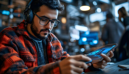 Focused person working on tablet in modern office