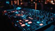 © HERMAWAN - Professional DJ controller illuminated by vibrant colours in a nightclub setting