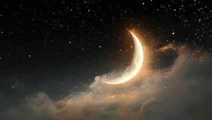 Wall Mural - a crescent moon is shining in the starry sky, surrounded by wispy clouds. the background features a