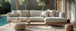 © George - Modern outdoor lounge area featuring comfortable beige sofa and stylish decor items