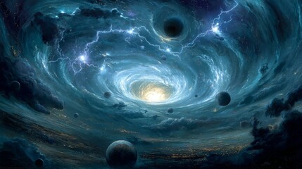 Wall Mural - Dramatic space vortex with planets and lightning creates a cosmic scene