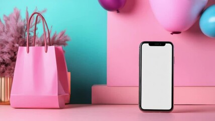 Pink Smartphone Mockup: A sleek black smartphone with blank screen sits on a pink surface, nestled amongst a pink shopping bag and balloons in a playful, vibrant setting. perfect for showcasing apps.
