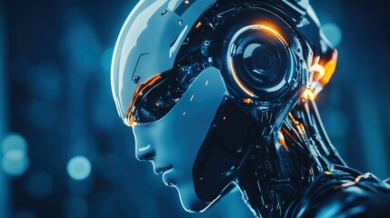 Anonymous robotic hacker in dark environment, focusing on computer screen with binary code, representing cybersecurity threats, cybercrime, and cyberattack concepts. Futuristic technology and digital 