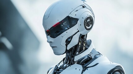 Anonymous robotic hacker in dark environment, focusing on computer screen with binary code, representing cybersecurity threats, cybercrime, and cyberattack concepts. Futuristic technology and digital 