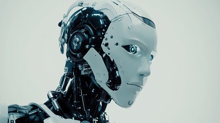 Anonymous robotic hacker in dark environment, focusing on computer screen with binary code, representing cybersecurity threats, cybercrime, and cyberattack concepts. Futuristic technology and digital 