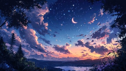Wall Mural - a beautiful night sky with a crescent moon and stars illustration atmosphere landscape.
