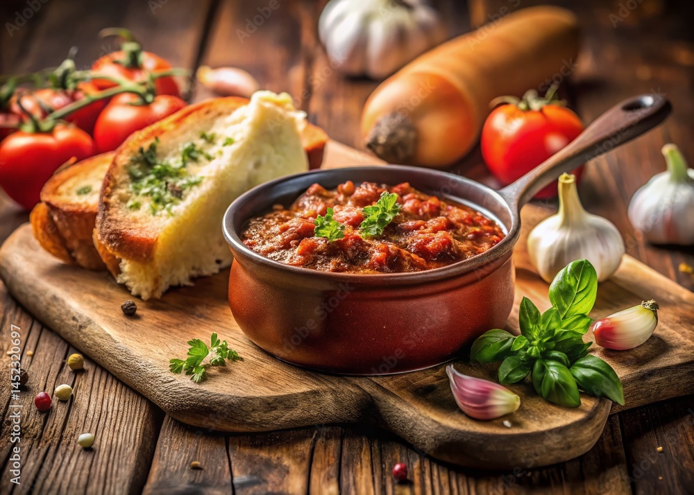 Hearty Italian Bolognese Sauce with Crusty Garlic Bread -  Tilt-Shift Photography