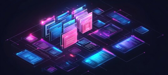 Futuristic digital document management interface with abstract network grid and organized file system
