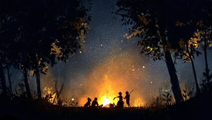 Wall Mural - In the center of an open field, there is a campfire surrounded by tall trees and thick foliage. A
