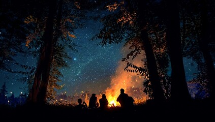 Wall Mural - In the center of an open field, there is a campfire surrounded by tall trees and thick foliage. A
