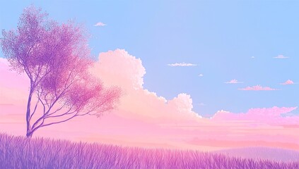 Wall Mural - pink and purple gradient sky, a tree on the left side of the image, a pink grassy field in the