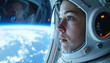 © ezra - Cosmic Reflection: An astronaut gazes thoughtfully through a window, the Earth visible in the distance, offering a profound sense of isolation, wonder, and adventure.