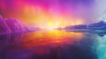 Wall Mural - A stunning digital landscape with vibrant colors merging in the sky. The reflection on the water enhances its beauty. This is a dreamlike scenery. Generative AI