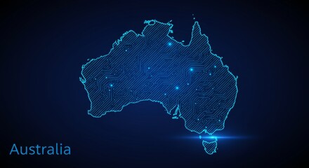 australia's futuristic silhouette: a glowing, high-tech map visualization in blue hues