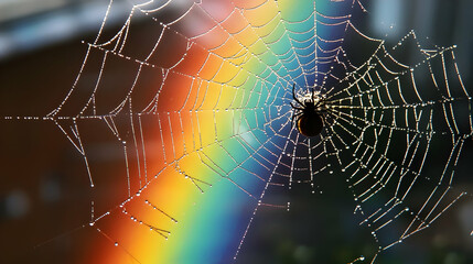Delicate spiderweb, rainbow backdrop, water droplets. Spider in center