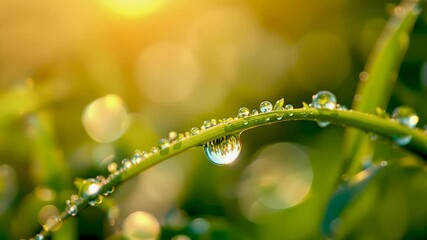 Fototapete - Close-up of dew droplets on vibrant green grass blades, illuminated by soft golden sunlight. The background features a bokeh effect, enhancing the serene atmosphere. Focus on textures, reflections, an