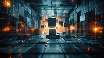 Wall Mural - Glowing Cubes Floating in a Dark Metallic Corridor