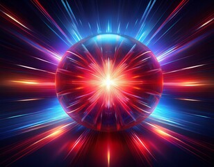 Wall Mural - abstract sphere emits vibrant red and blue rays creating a dynamic burst of light and energy against a dark backdrop suggesting speed and motion