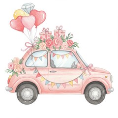  Pink Vintage Car Decorated with Balloons, Flowers, and Gifts