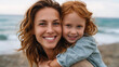 © AI Art - Smiling mother and beautiful daughter having fun at the beach.