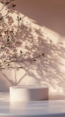 Fototapete - Delicate pink flowers create intricate shadows on a smooth white surface illuminated by warm sunlight, enhancing the serene atmosphere of the setting