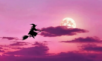 Wall Mural - Silhouetted witch flying across a stunning pink sunset sky with full moon