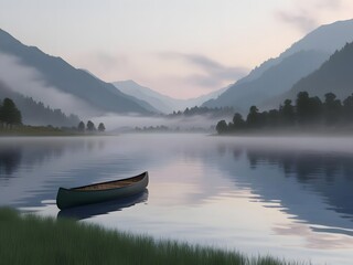 Naklejka na meble Serene Lake Scene: Reflection, Calm, and Misty Morning
