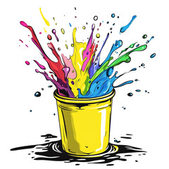 Wall Mural - vibrant explosion of colorful paint radiating from a gleaming yellow bucket