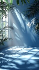 Fototapete - Sunlight streams through a window adorned with palm leaves, creating intricate shadows on a blue interior. Delicate white flowers add a touch of serenity to the peaceful space