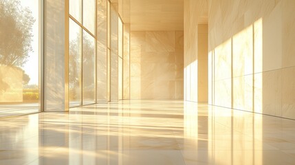 Fototapete - A bright and airy space features expansive windows allowing sunlight to flood in, highlighting the smooth marble floors and minimalist design of the room