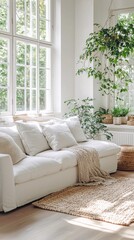 Fototapete - Sunlight streams through large windows illuminating a white sofa adorned with cushions. Green plants in pots create a refreshing ambiance, complementing the cozy decor
