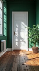 Fototapete - Bright sunlight fills the room, casting shadows on the green-painted walls. A white door stands closed, accompanied by a potted plant and wooden flooring creating a tranquil atmosphere