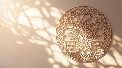 Fototapete - A detailed circular wall decor creates beautiful shadow patterns on a light-colored wall. Natural sunlight enhances the intricate design, adding warmth to the tranquil environment