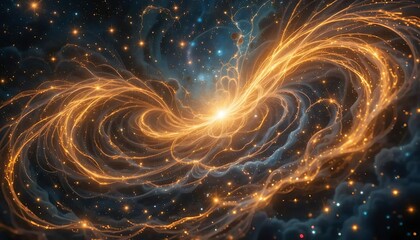 Wall Mural - Golden Photon Trail Across Stars
An abstract digital background with golden photon trails racing through a deep starfield, creating twisting ribbons of light against a dark cosmic backdrop