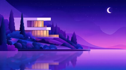 Wall Mural - modern architectural design of a house by a serene lake under a starry night sky