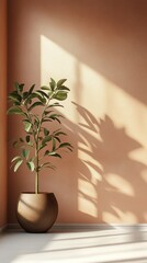 Fototapete - A green plant stands in a ceramic pot against a peach wall, with sunlight creating beautiful shadows on the white floor. The setting exudes calmness and warmth, perfect for relaxation