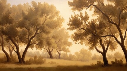 Wall Mural - serene landscape with golden trees under soft light, evoking tranquility and nature's beauty