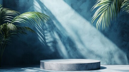 Fototapete - Soft rays of sunlight penetrate through lush palm leaves, creating a serene atmosphere around a smooth concrete platform. The calm blue walls amplify the peaceful setting